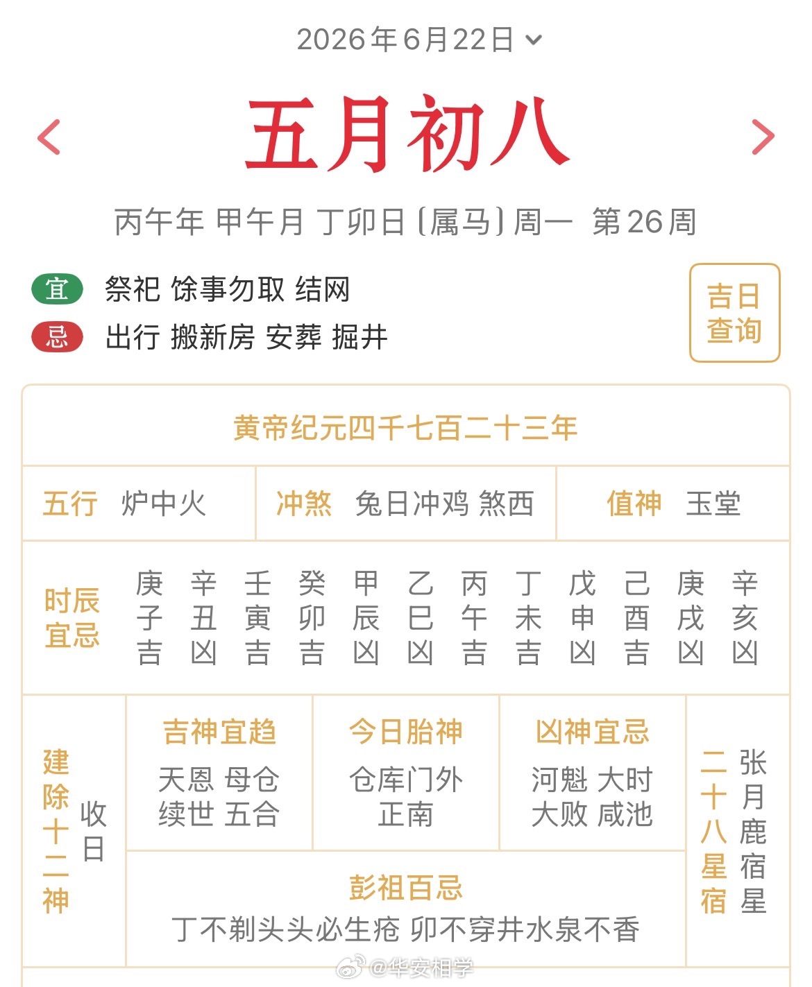十二生肖每日简运 仅供参考2026.6.22丙午年甲午月丁卯日丁卯天克地冲辛酉：