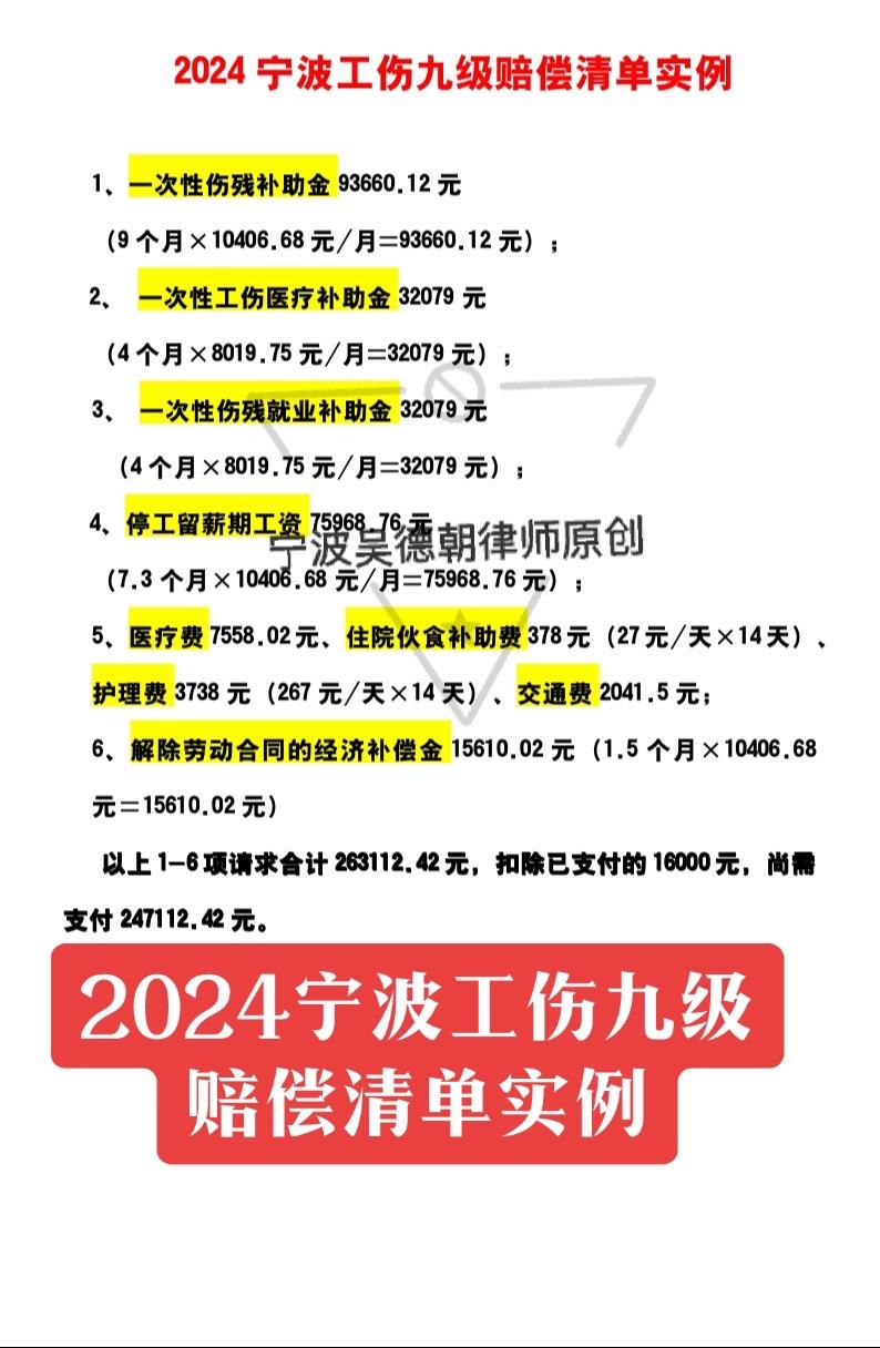 2024年8月受到九级鉴定结论，2024年8月中旬申请仲裁。实例呈现工伤赔偿清单