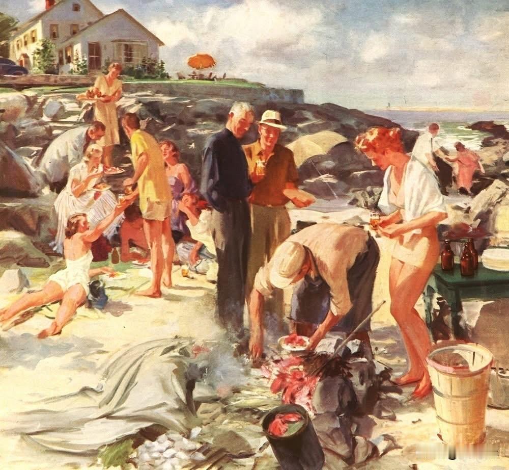 这幅画名为《海滩上的蛤蜊烘焙宴》（Clambake on the Beach），