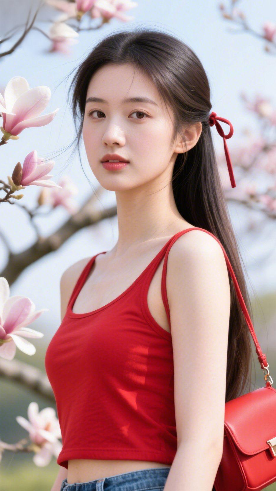 红衫遇春芳
 
玉兰轻绽在春风里，一抹红衫撞进浅粉的花影，像揉碎的暖阳，裹着春日