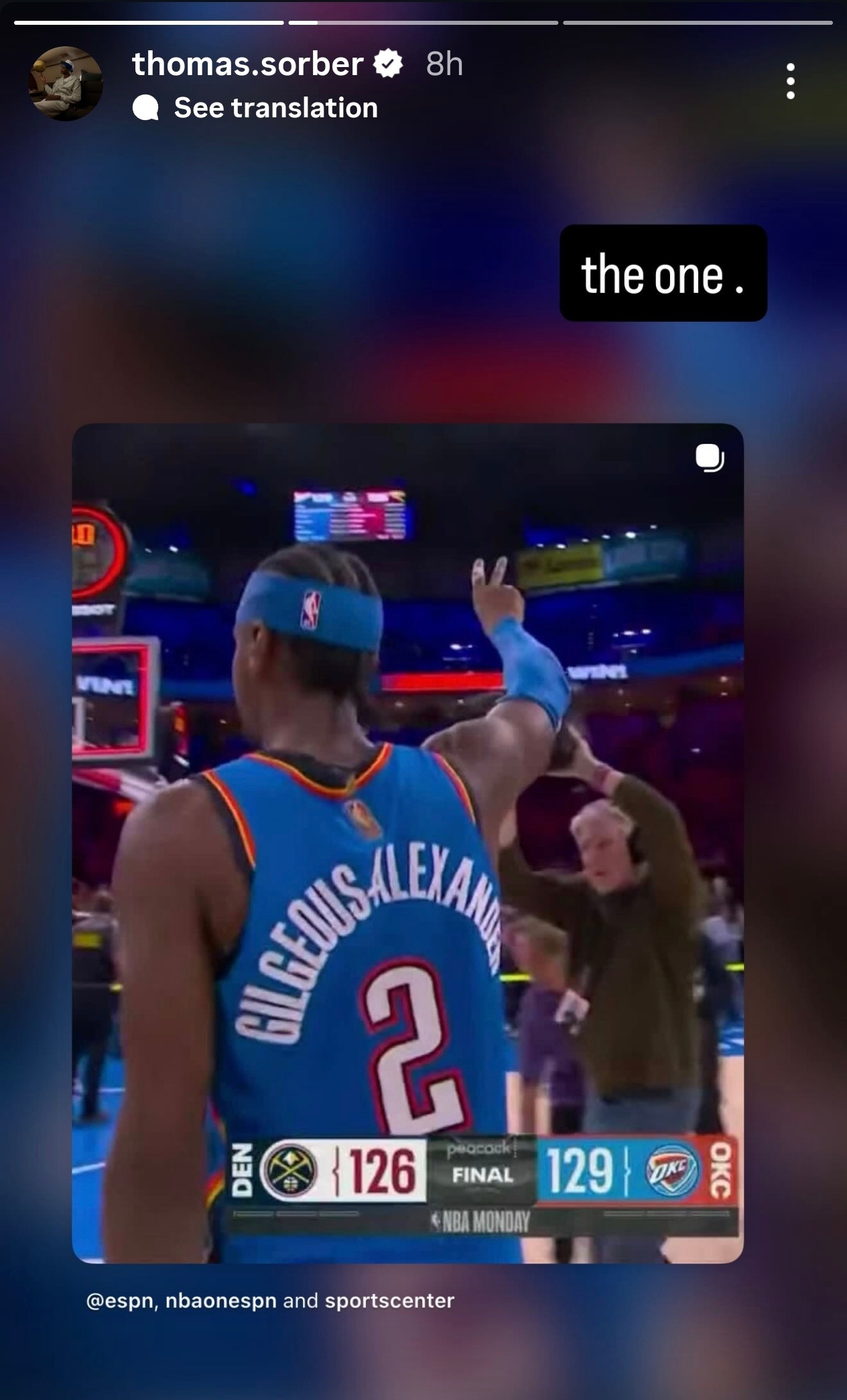 索伯转发杰林和亚历山大的精彩表现！雷霆三杀掘金亚历山大绝杀掘金雷霆