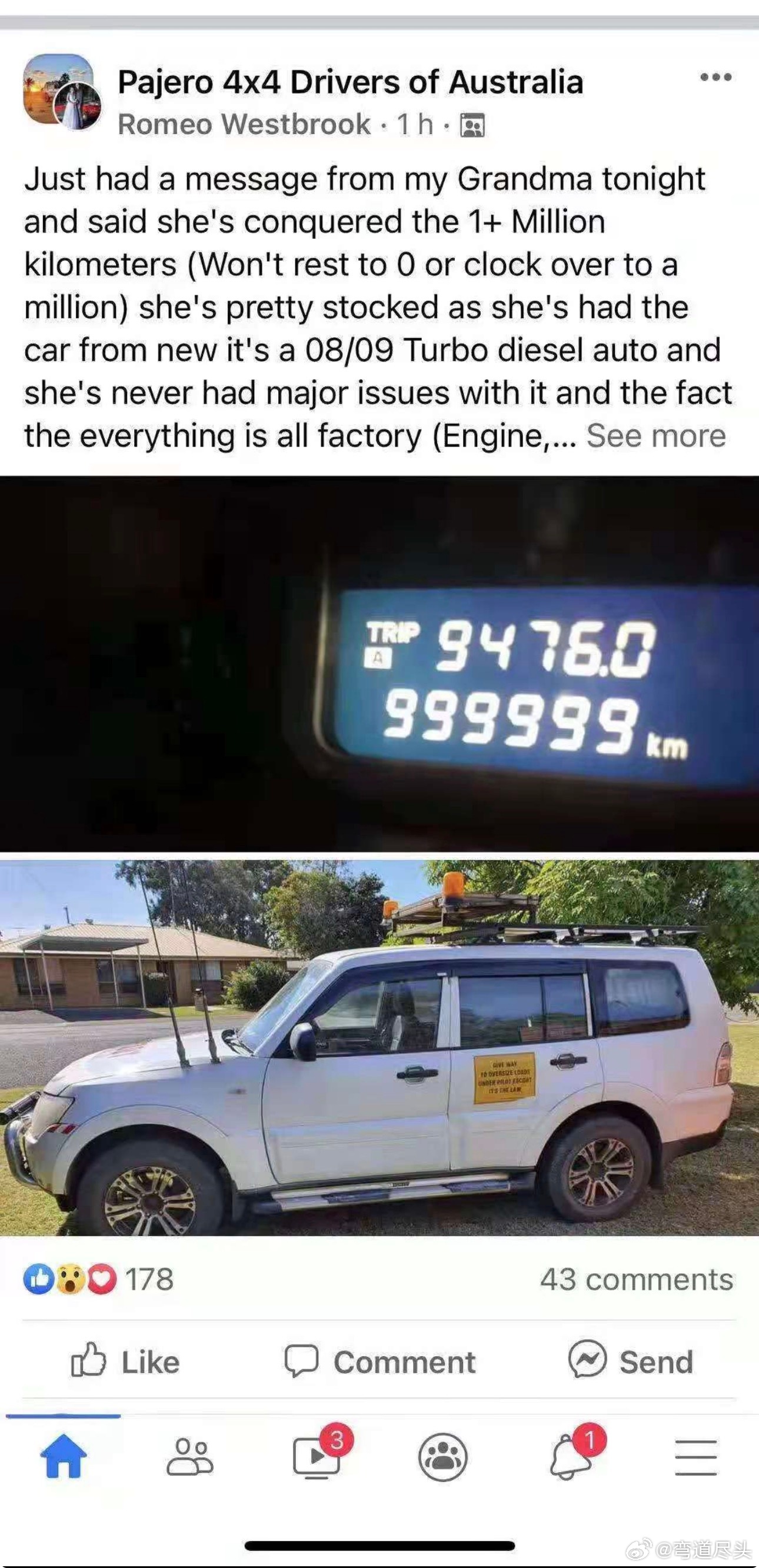 帕杰罗  里程爆表，国外车友收到奶奶的消息，她说她的车终于突破100万公里了（里