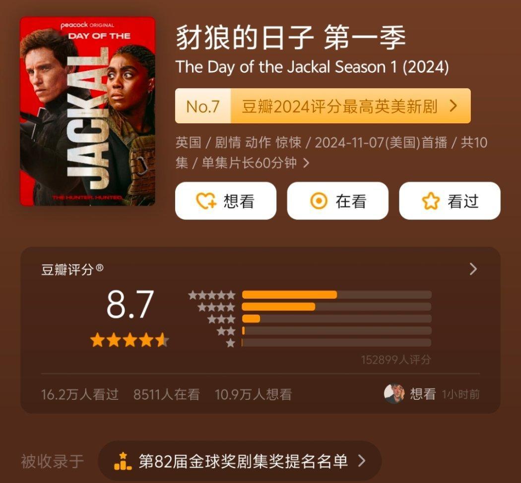 在看小雀斑的新剧《豺狼的日子》，好久没看过这么高质量的剧了 ​​​