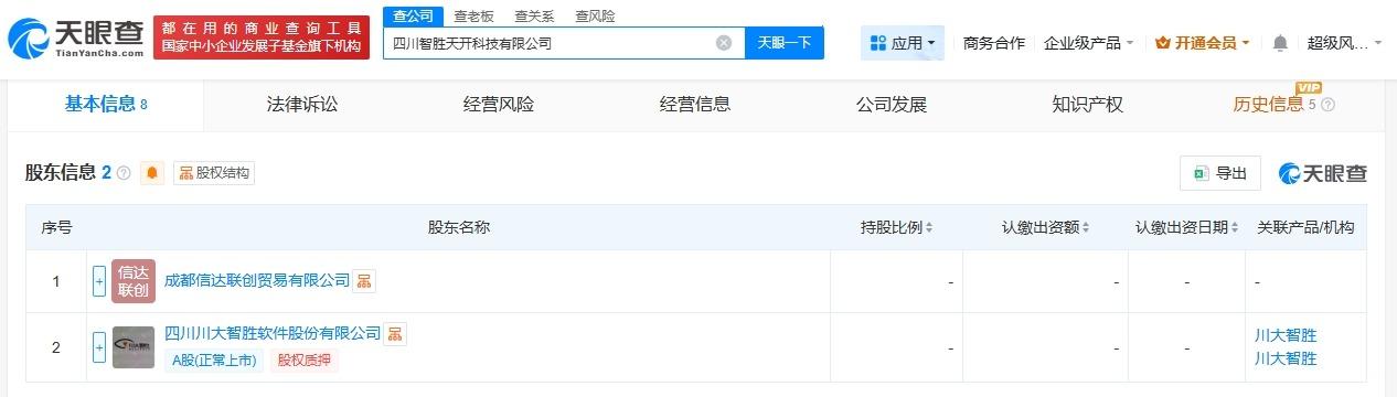 川大智胜等成立智胜天开科技公司注册资本2000万
天眼查App显示，近日，四川智