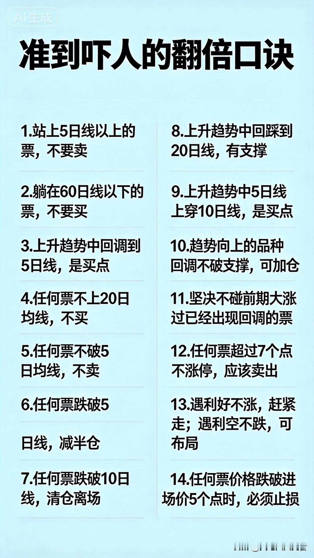 股市感悟：准到吓人的翻倍口11
7。任何票跌破10日线，清仓离场。
8。上升趋势