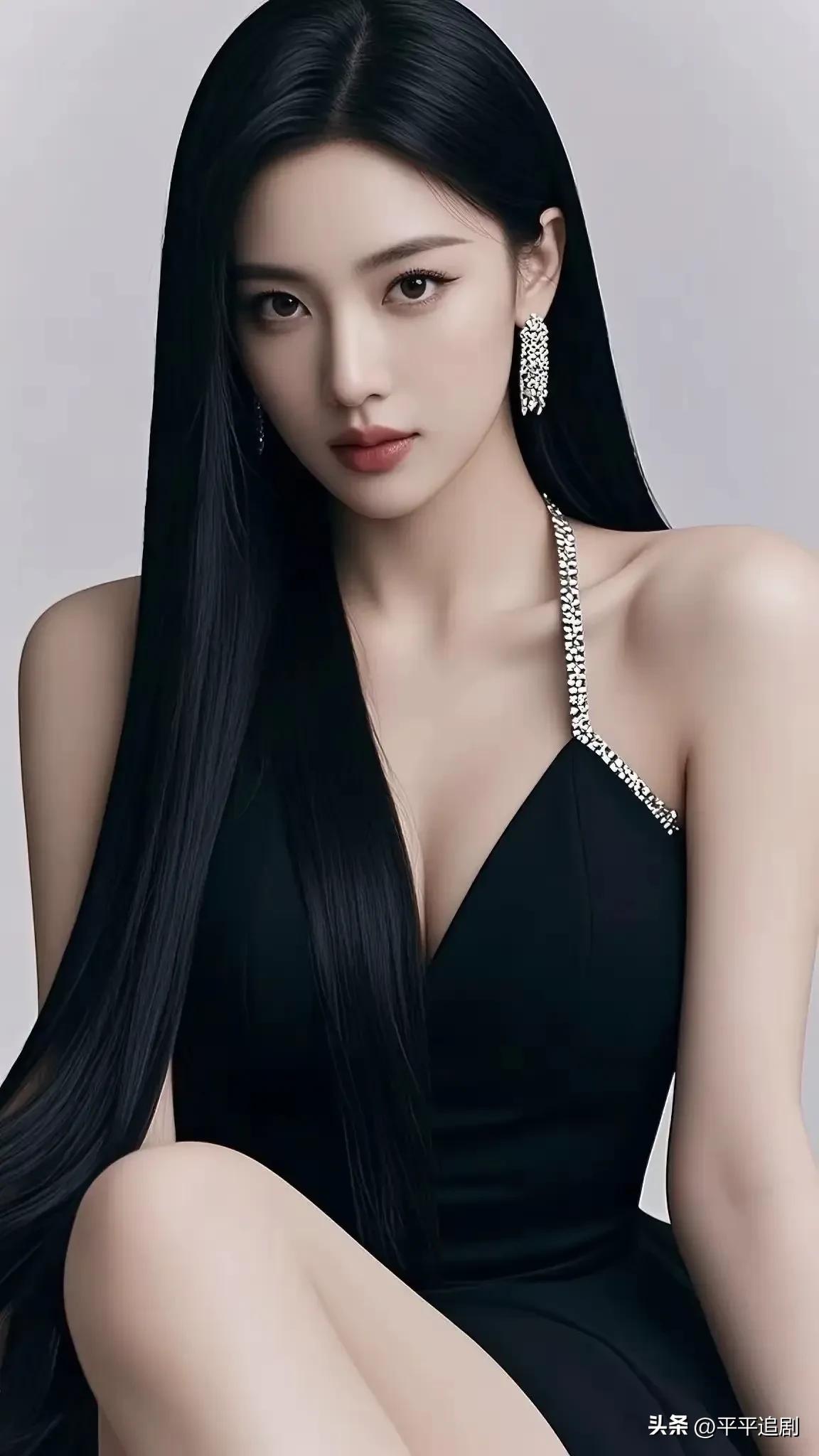 什么样的女人,最有魅力?
黑裙裹着冷艳气场，长直发垂落如墨，钻饰肩带与耳间碎钻交