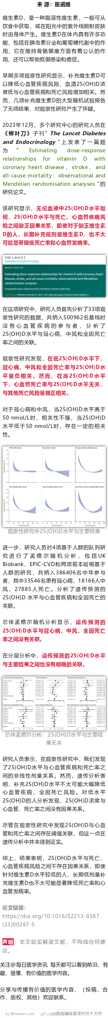 大反转！柳叶刀子刊：近90万人数据，补充维D不太可能降低死亡、心血管疾病风险20
