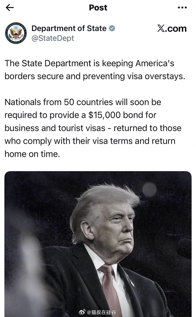 美国国务院：国务院正在维护美国的边境安全，并防止签证逾期滞留。来自50个国家的国