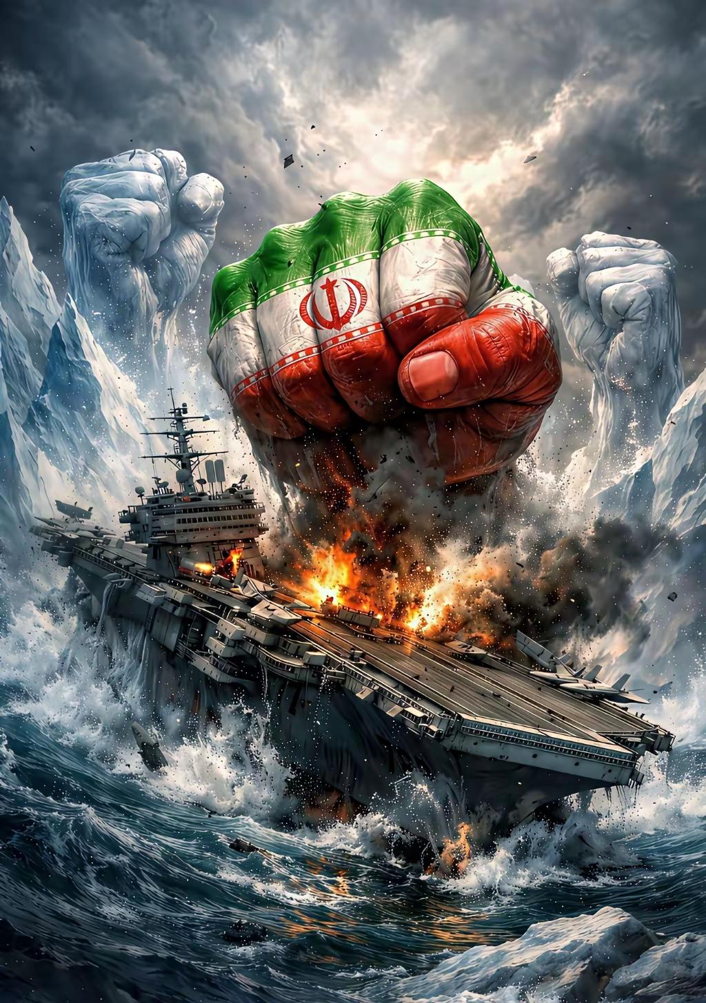 伊朗这张“砸航母”海报，真的太帅了。画面里直接把伊朗国旗印成巨拳，狠狠砸向美军航