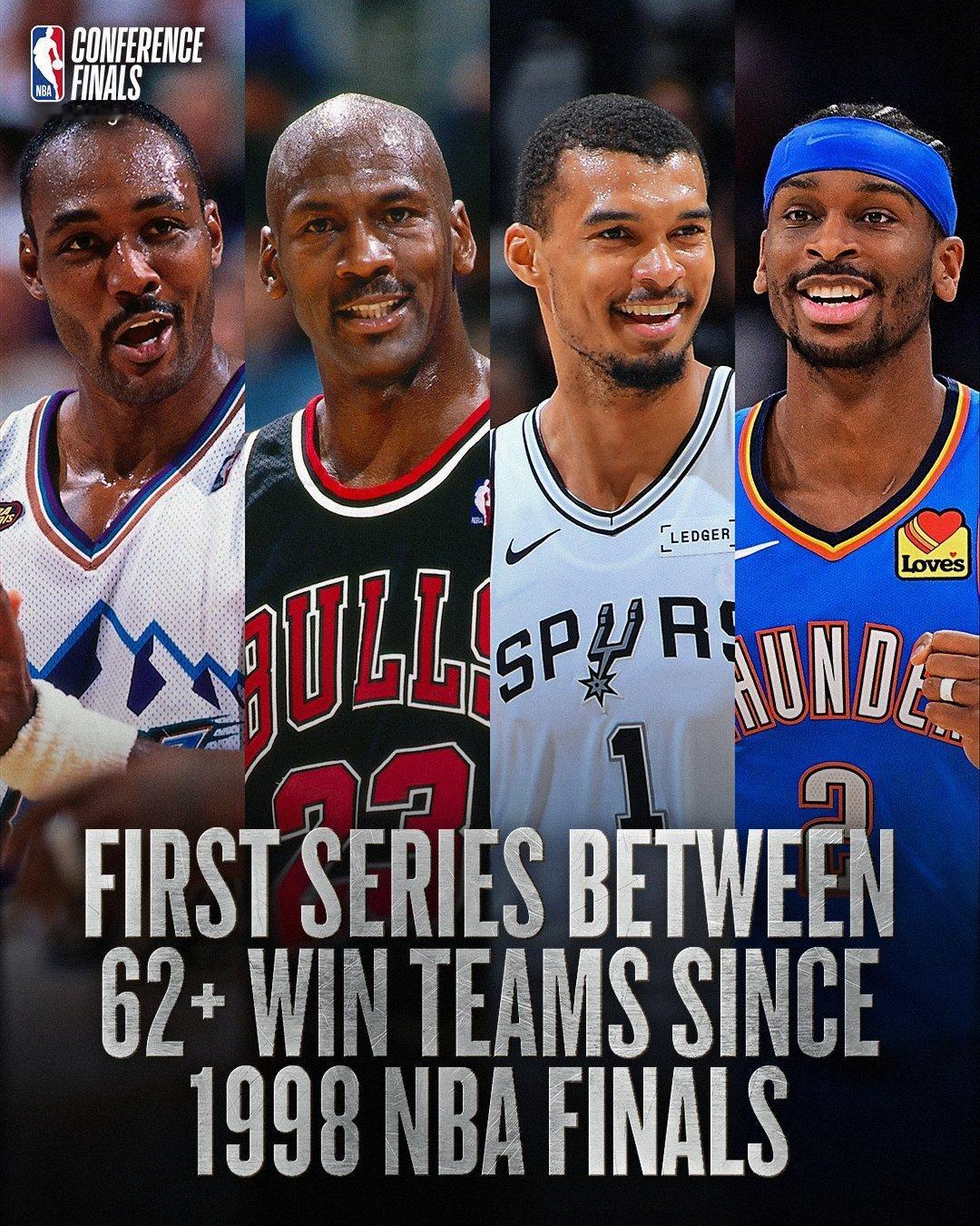 NBA官方提醒大家这是1998年总决赛公牛vs爵士后首次发生两支62+胜场队伍的