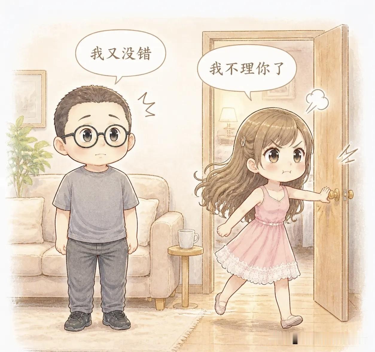 趣味漫画：我跟老婆吵架，她摔门进了卧室。我在客厅坐了十分钟，决定主动认错。敲门说