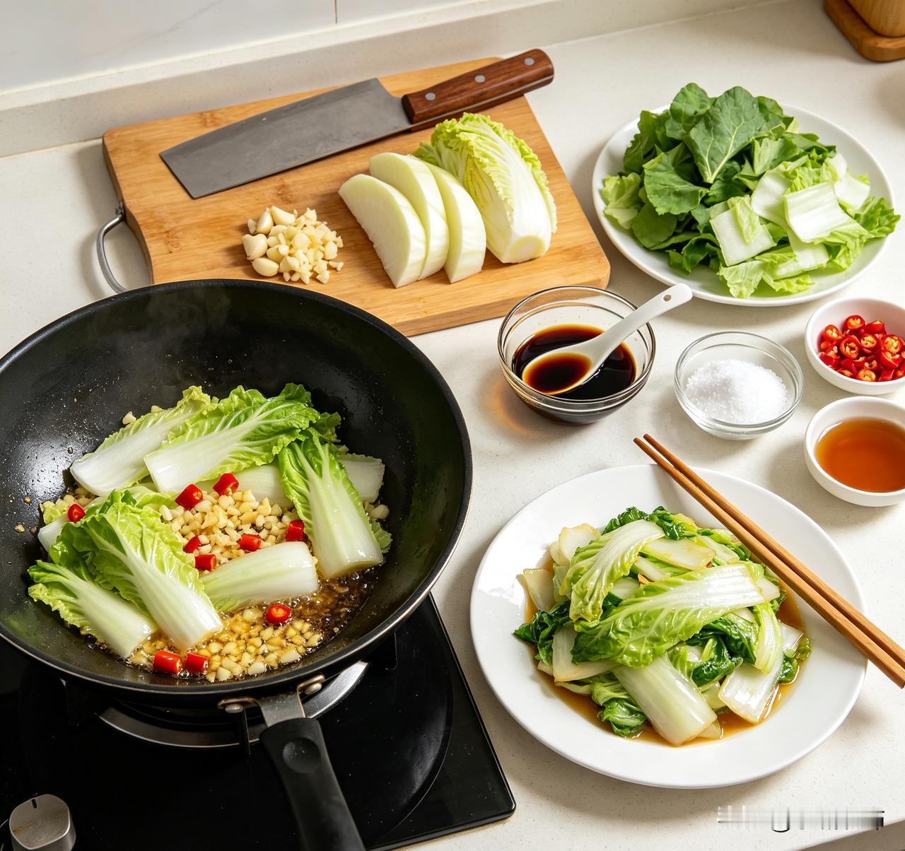 准备白菜、蒜末、小米辣、生抽、盐、少许白糖、蚝油。
白菜帮和菜叶分开切，帮斜切片