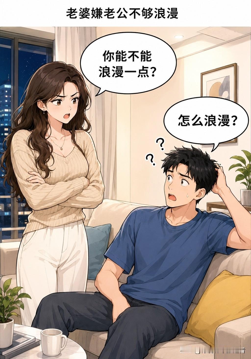 趣味漫画：老婆嫌他不浪漫，让他学学别人送花。第二天，他搬回一盆绿萝：“鲜花七天就