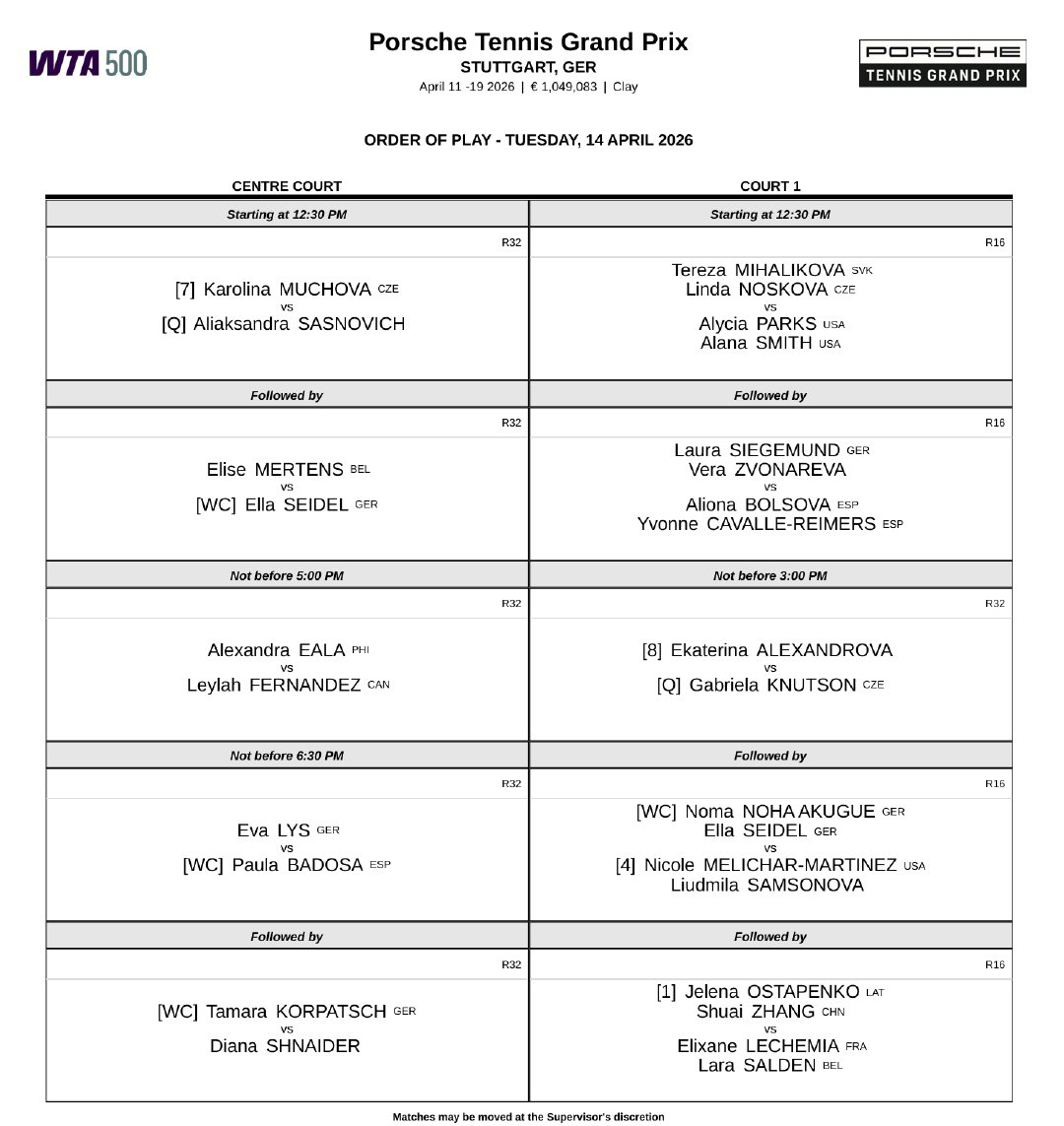 #张帅今日出战斯图加特站# WTA500斯图加特站今日赛程，张帅/奥斯塔彭科出战