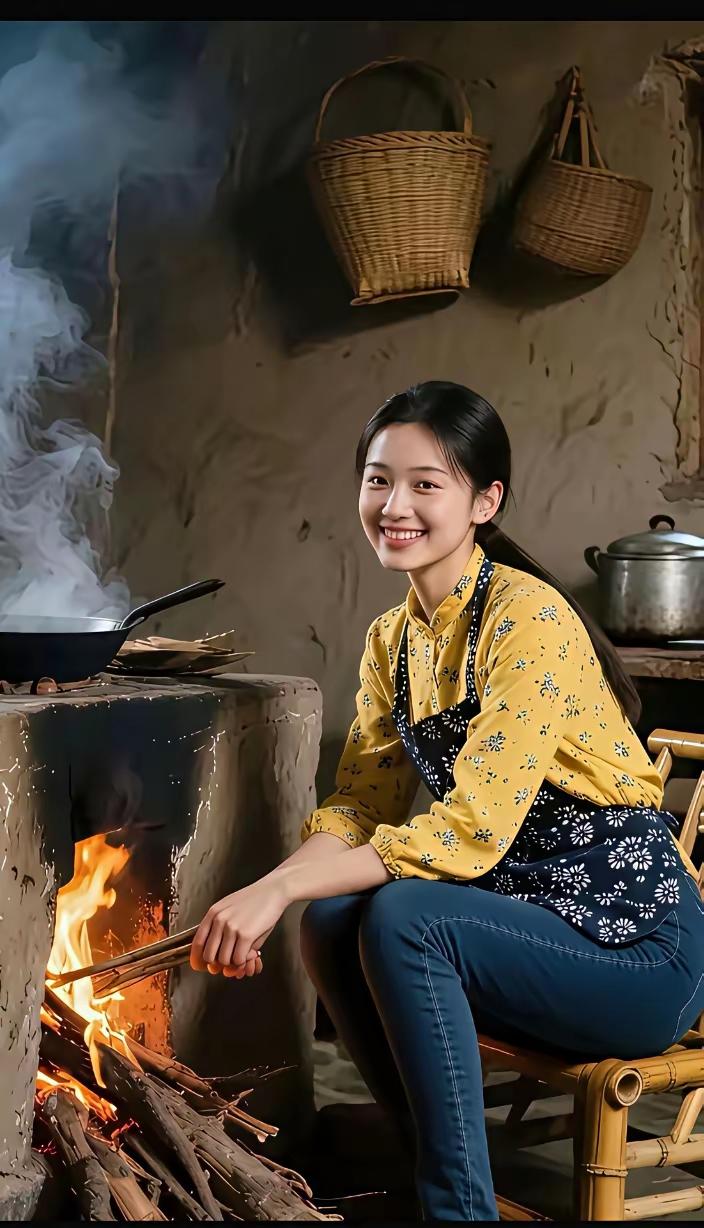 小妹正在厨房里烧火做饭呢。