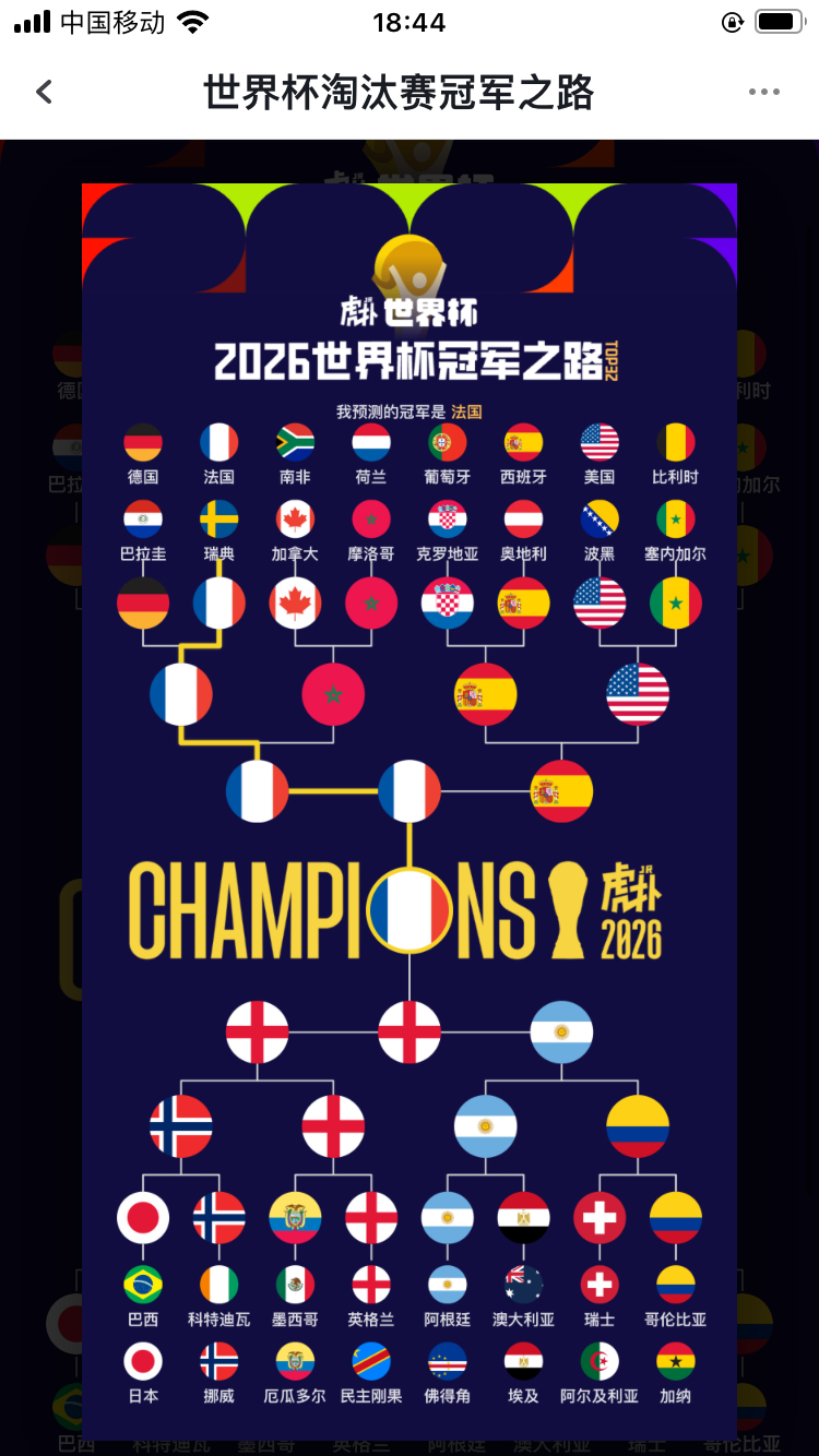 小组赛结束后做的预测，没太大信心，也不愿看到法国阿根廷连续三届会师决赛，所以当时