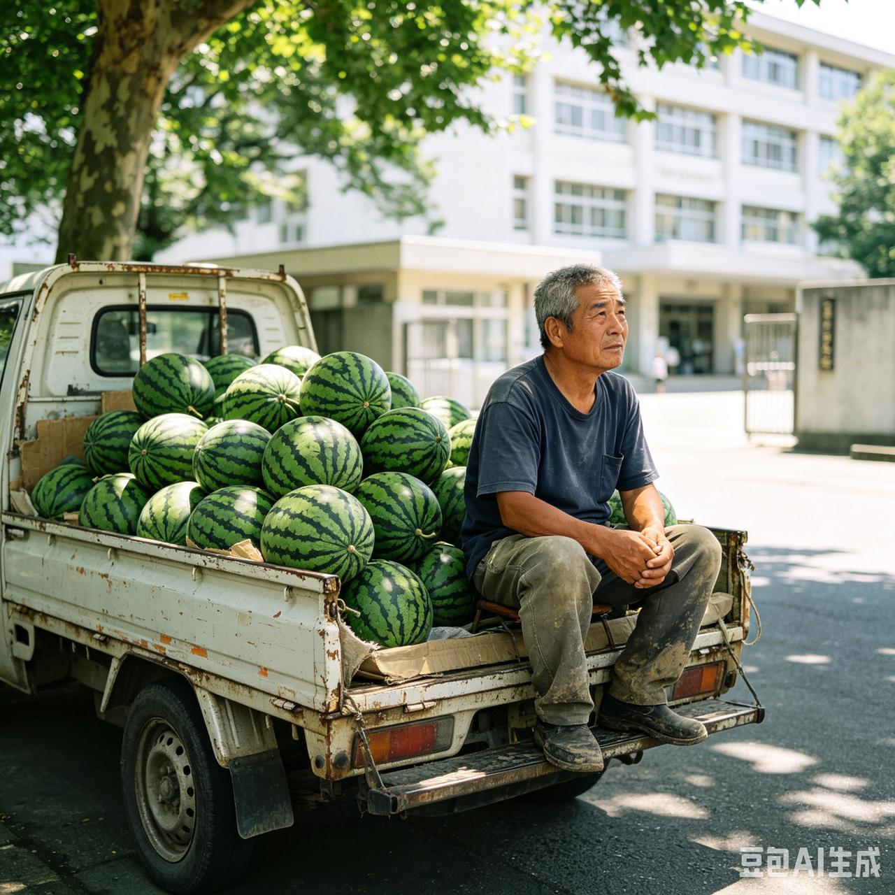 夏日，高校校门口，一辆老旧三轮车堆满了圆滚滚的西瓜，瓜农大叔局促地坐在车上，不时