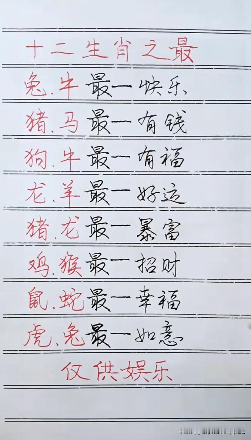 十二生肖之最
兔牛最一快乐
猪马最一有钱
狗牛最一有福
龙羊最一好运
猪 龙最一