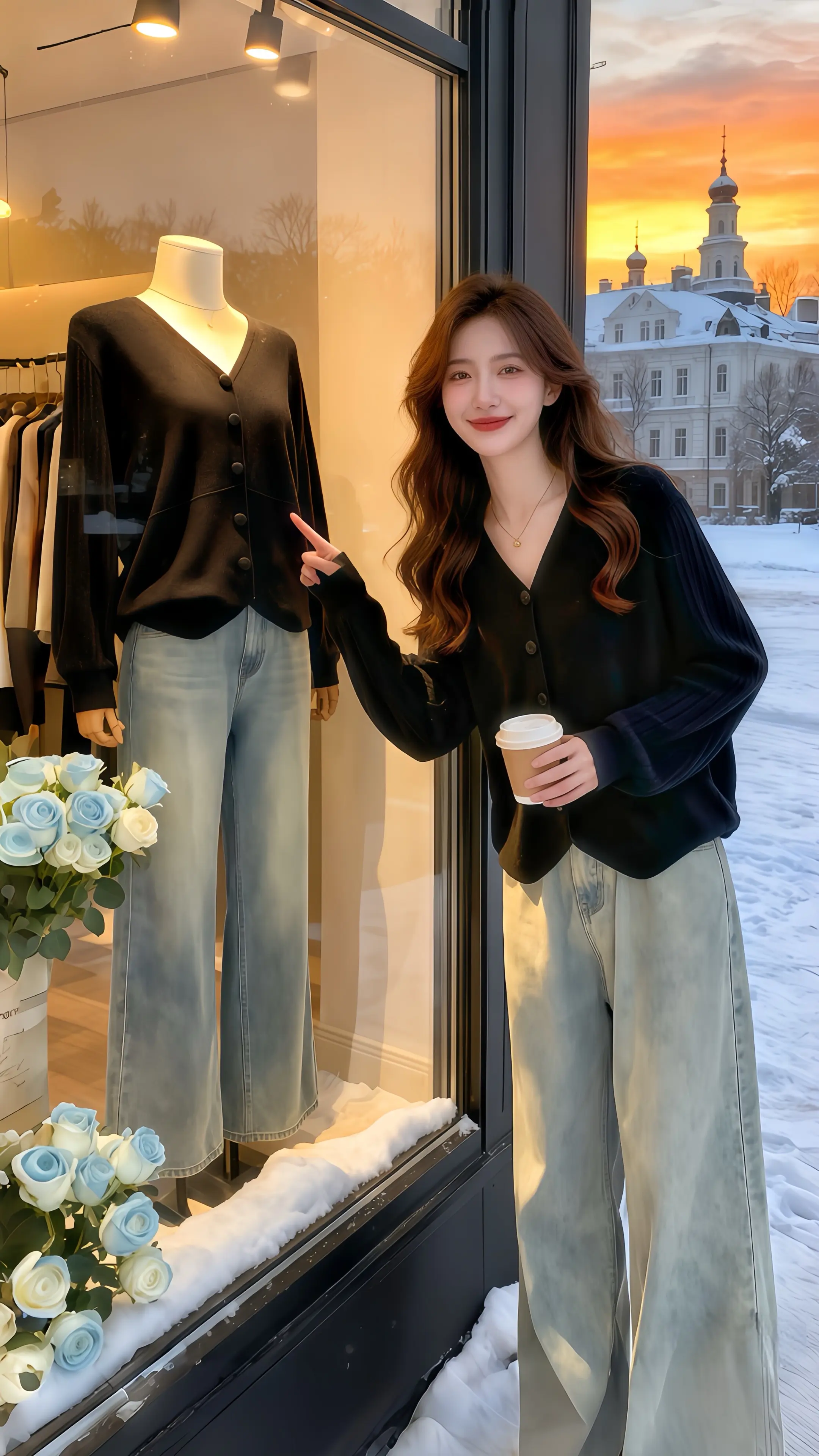 她穿着韩系大码针织开衫毛衣，软乎乎的黑针织裹住肩头，纽扣滚边带着松弛的...