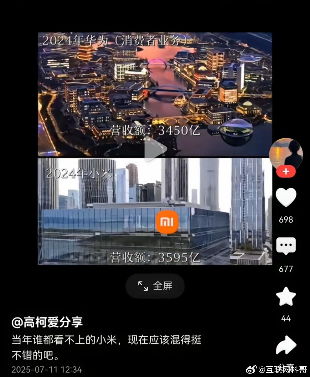 华为与小米营收对比，本来以为对比整个集团的，结果是拿小米整个集团和华为消费者一个