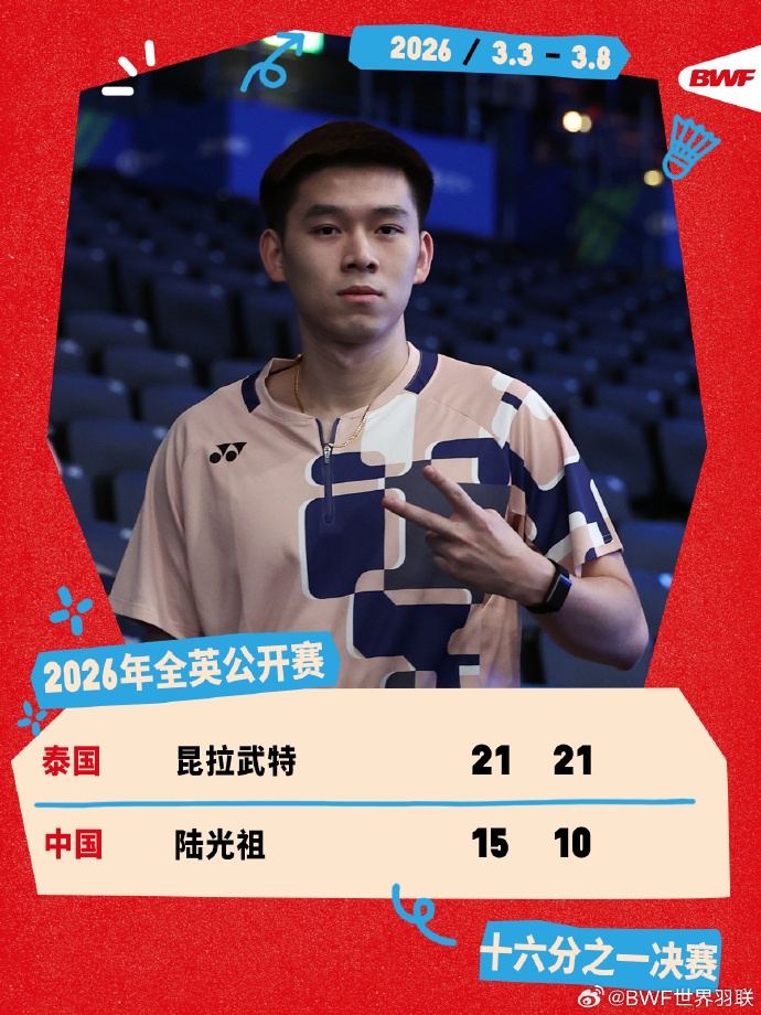 #陆光祖0比2不敌昆拉武特#2026全英羽毛球公开赛男单1/16比赛，陆光祖15