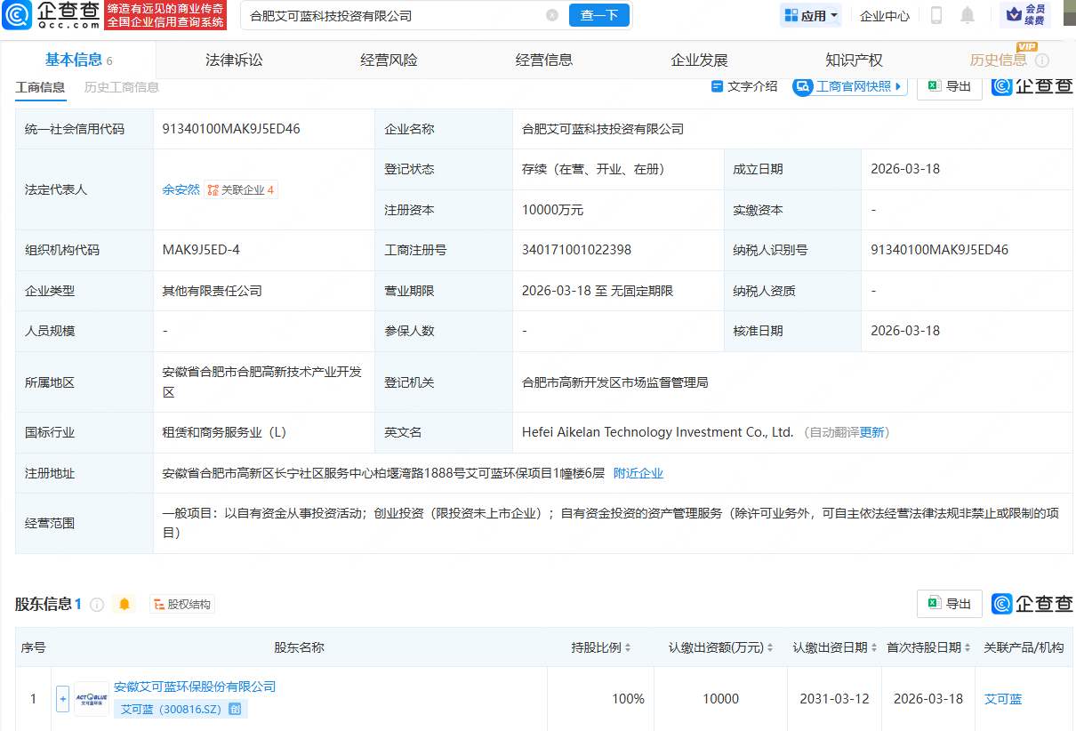 艾可蓝新设科技投资公司，注册资本1亿元
