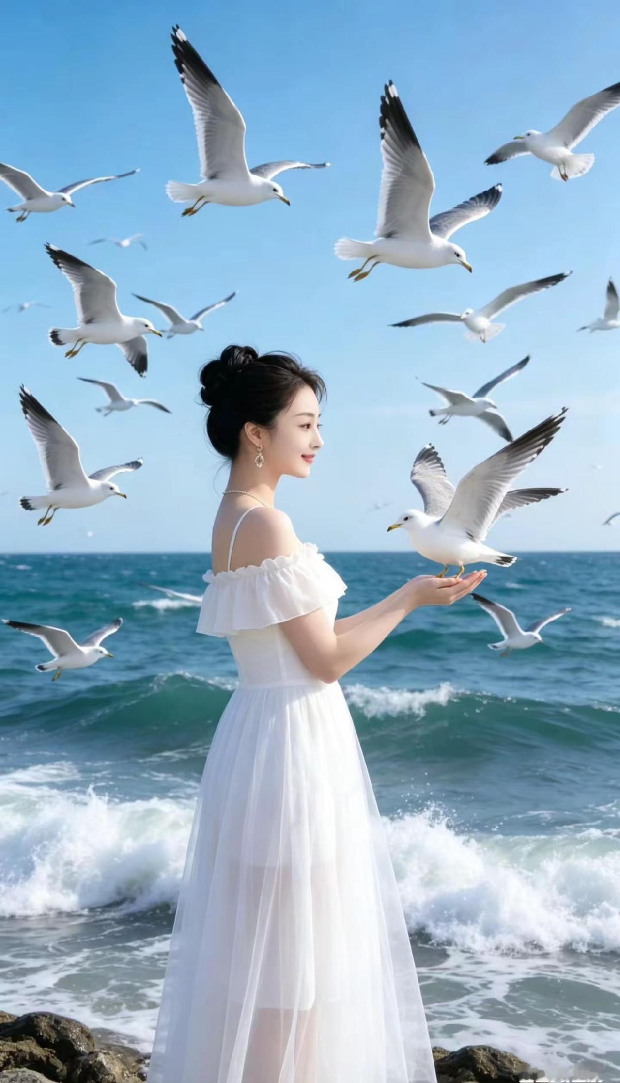 海鸥舒展白羽，时而低空掠浪，时而盘旋长空。层层浪花轻拍礁石，飞鸟与碧海相映，俗世