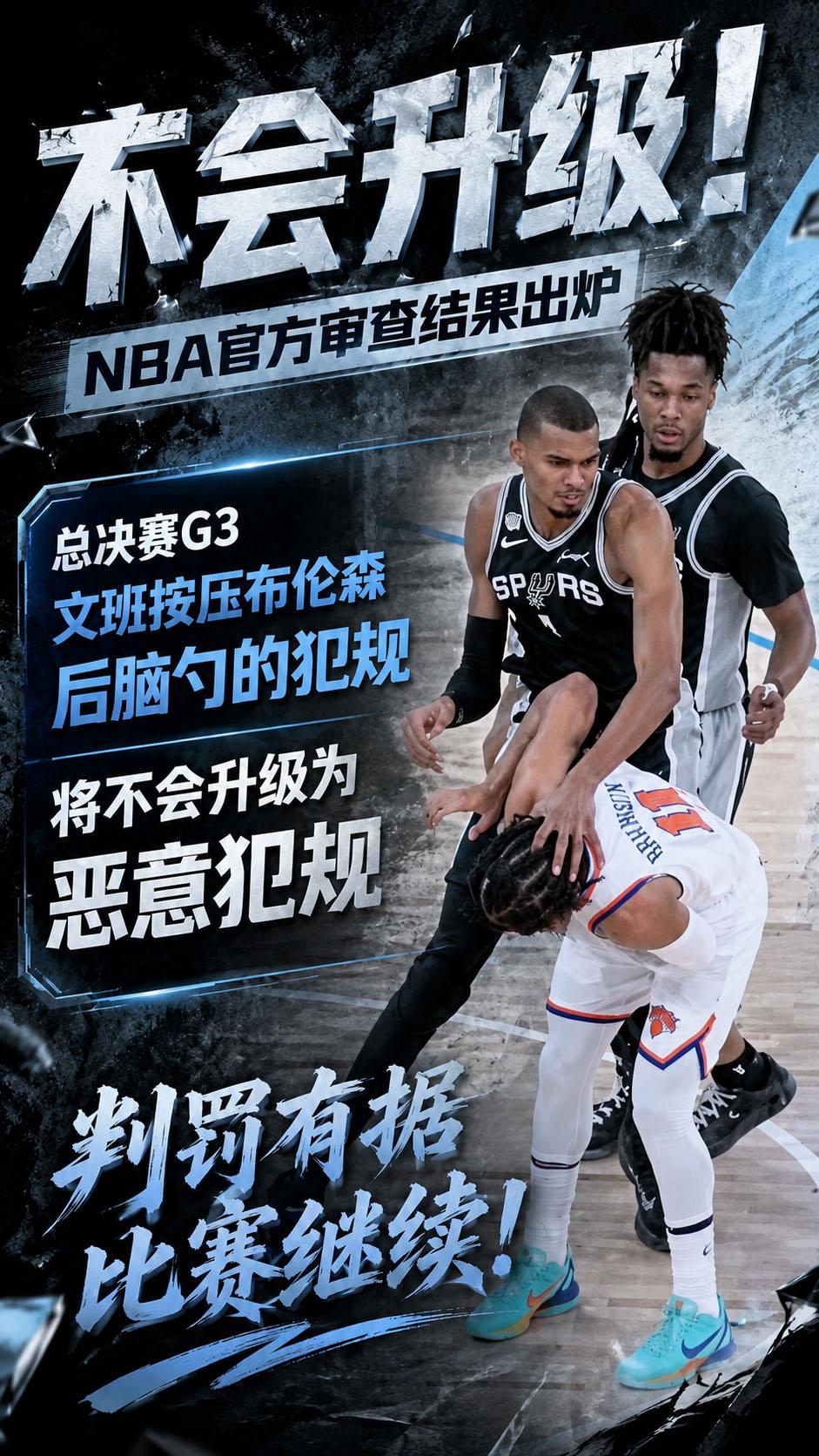 恶犯积分仍为2分！官方：文班对布伦森的犯规不会升级为恶意犯规
NBA官方审查报告