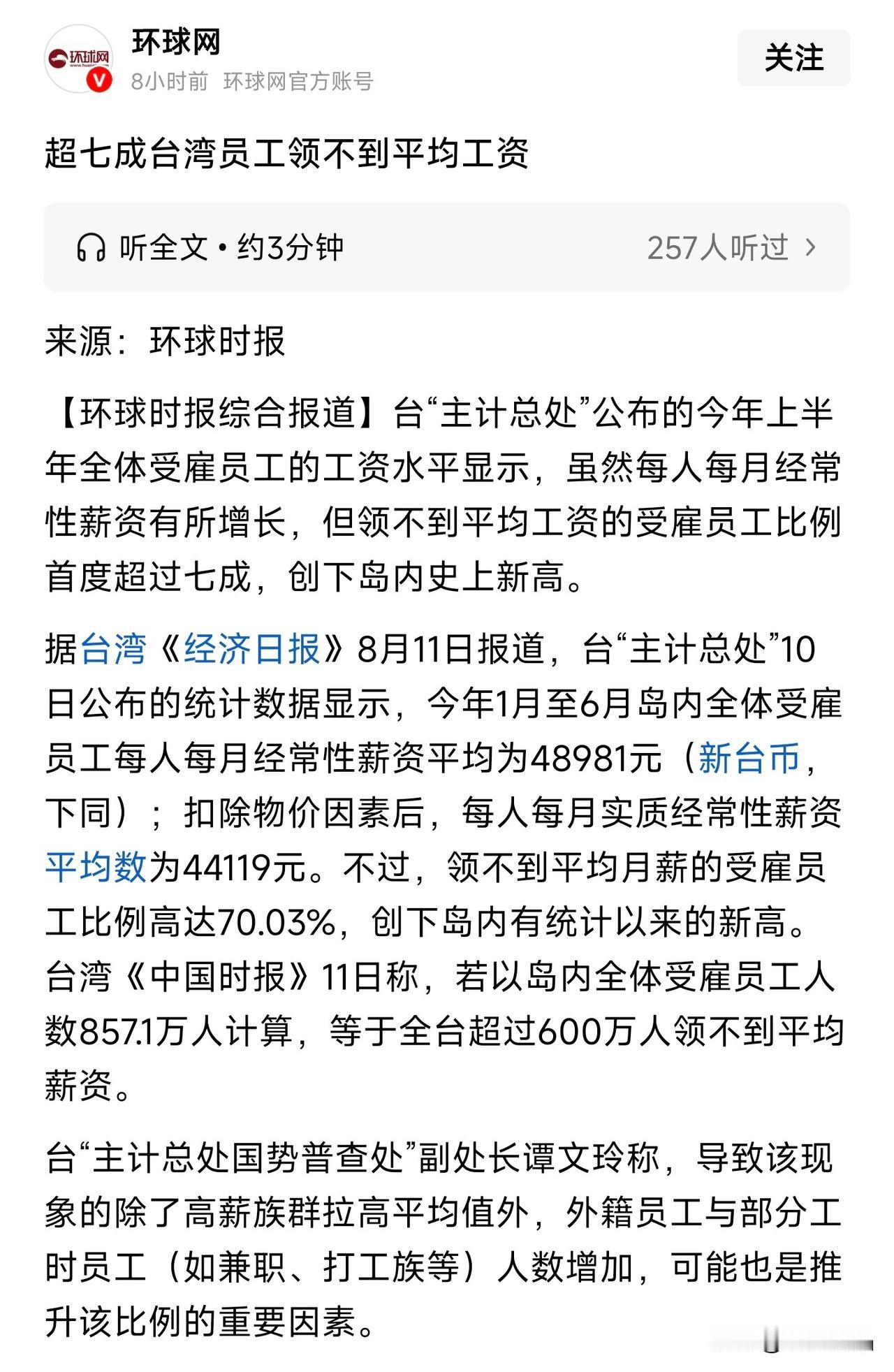 超七成台湾上班族拿不到平均工资，看着真让人感慨
 
刚刚看到到一条新闻:超过七成