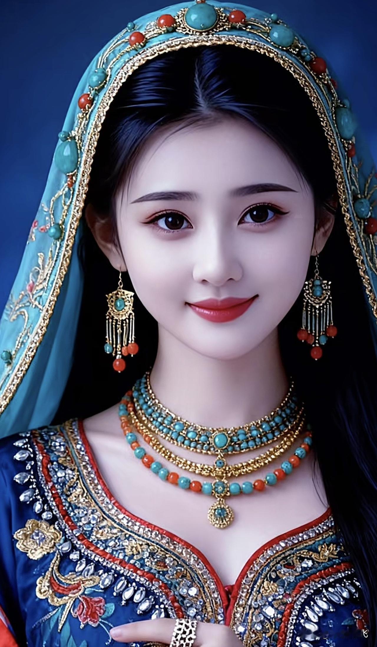 惊艳的东方美人，头戴华丽头纱，佩戴精美珠宝，散发着古典优雅的魅力。雍容大方的美女