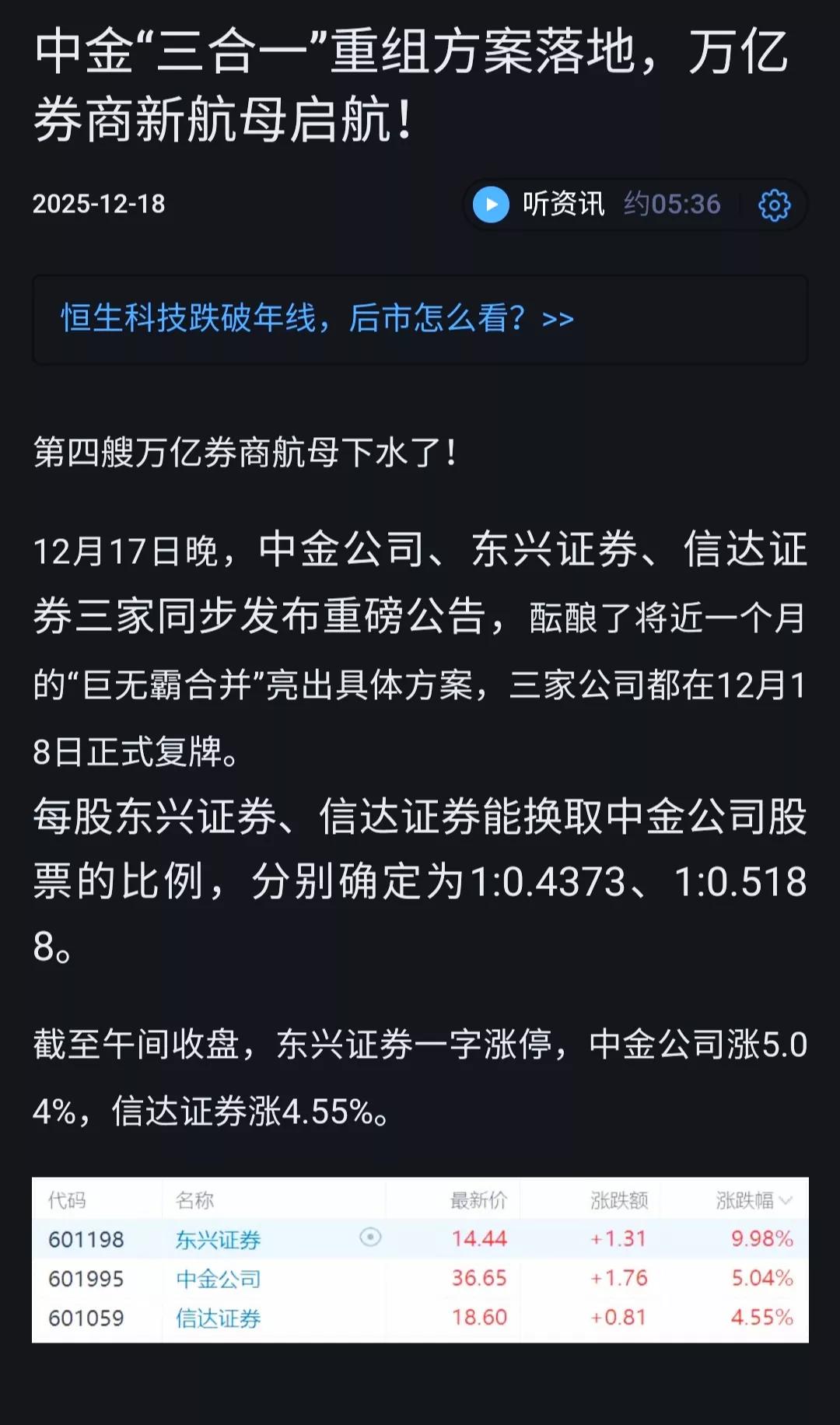 东方财富没希望了吗?
昨天中金复牌吸收合并东兴、信大证券打造万亿航母，这么大的利