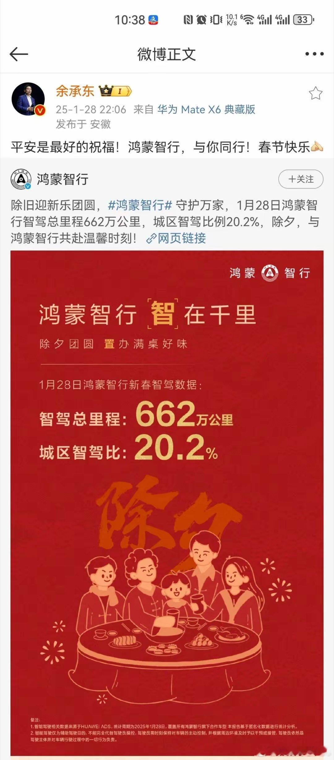 华为余承东：1月28日鸿蒙智行智驾总里程662万公里，其中城区智驾占比20% 。