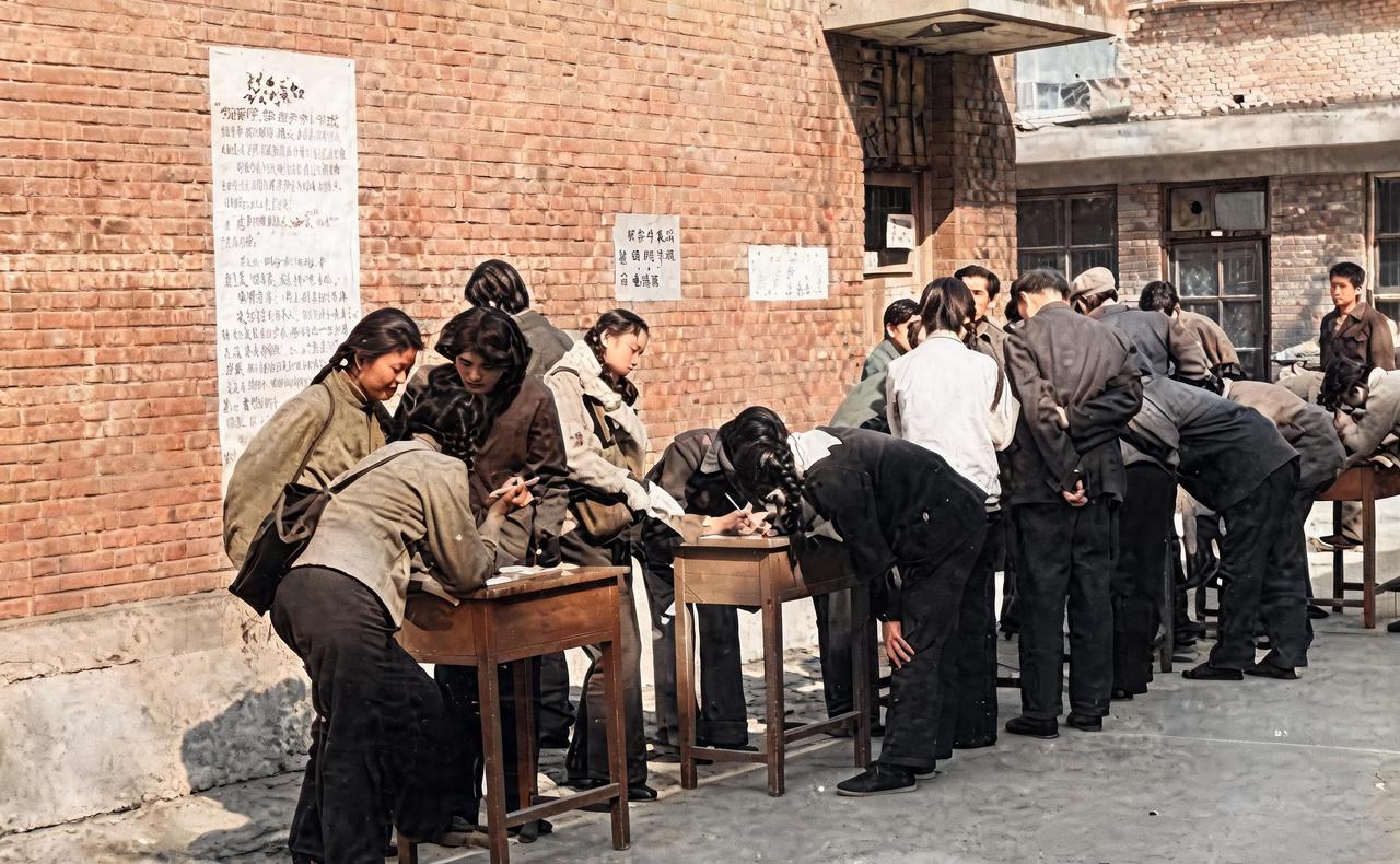 这是1978年恢复高考后第一批进入北京电影学院的学生到校报到。当年，这些学生能考