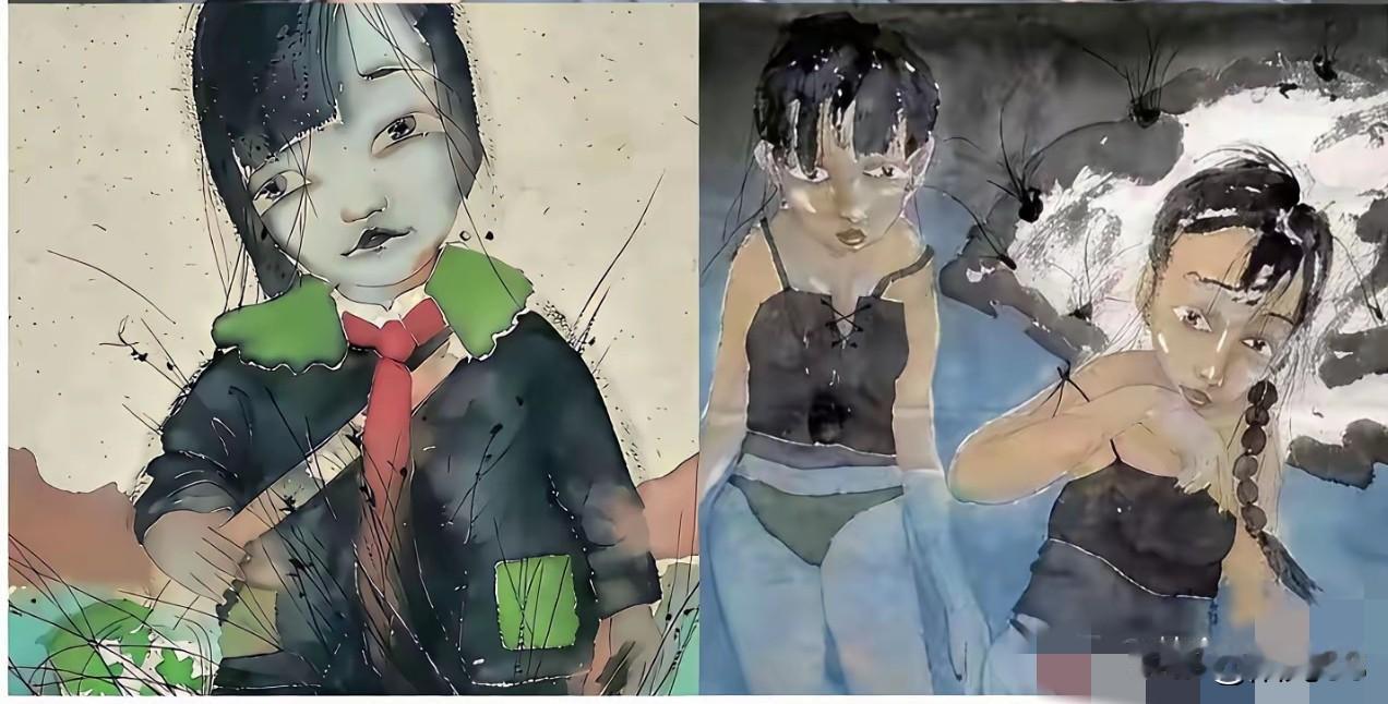 图1为刘庆和教授所画，左边女孩系着红领巾，可能还是少先队员，右边有蓝色的，可能是