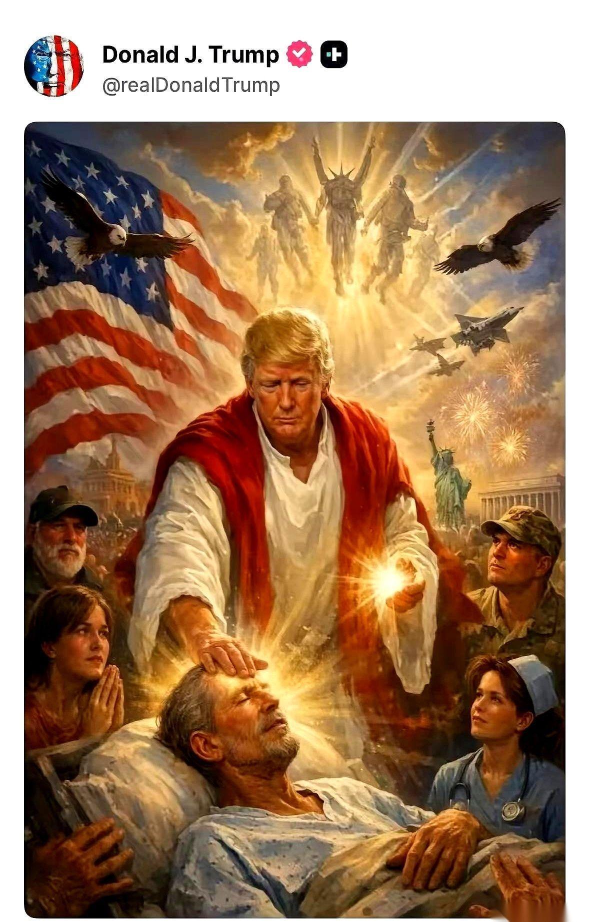 特朗普的社交账号，又扔出一颗炸弹。
一张AI合成图，直接甩了出来。
点开一看，画