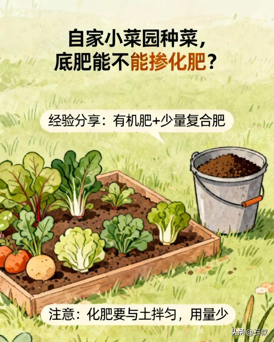 自家小菜园种菜，底肥能不能掺化肥？
 
我一般都是铺底肥的时候少量加点化肥，给菜