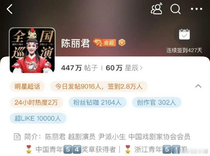 内娱第七位超like破万女明星诞生了——陈丽君[收到]也是第一且唯一的戏曲圈艺人