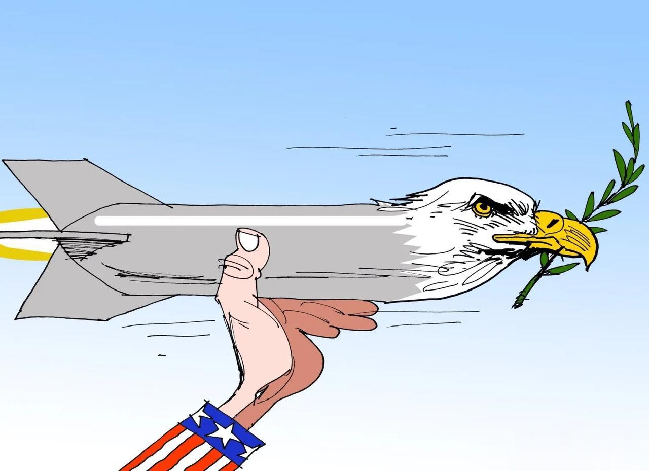 这幅漫画看似简单，实则寓意深刻，看透美国的人实在太多：只见美国白头鹰，嘴里叼着橄
