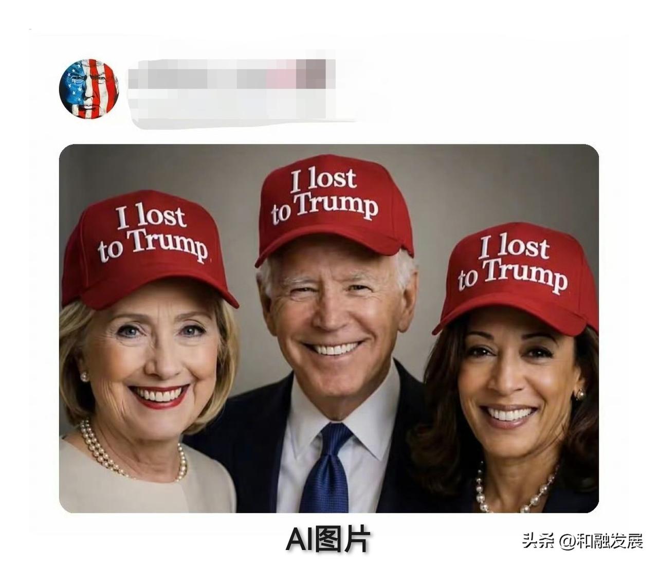 川普又用AI玩图了！他P了一张拜登、哈里斯和希拉里三人的合影照，他们小红帽上都写