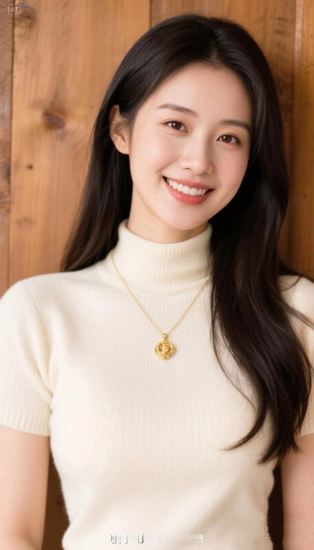 温暖冬日穿搭，米色高领毛衣搭配金色项链，甜美笑容，元气满满！😊🌞✨