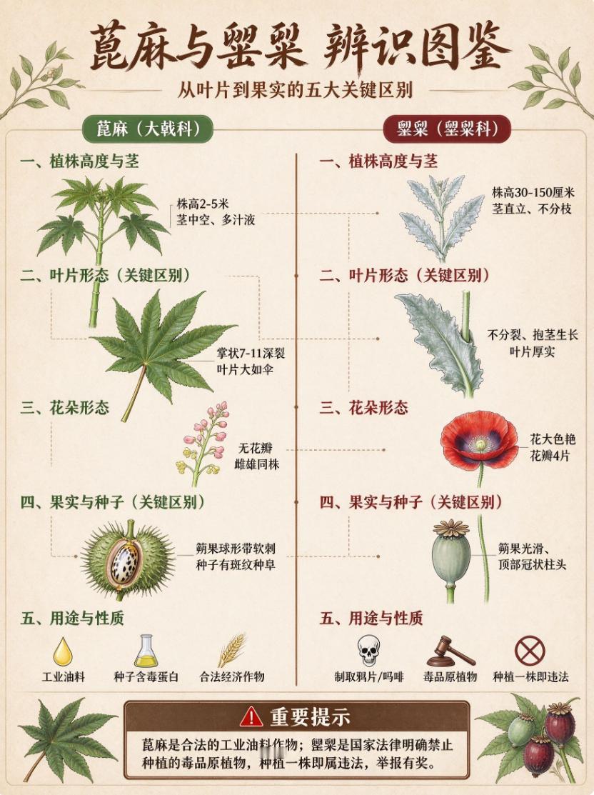 主播西门[超话] 蓖麻是普通经济作物；但罂粟种植一株即属违法，可处行政拘留乃至刑