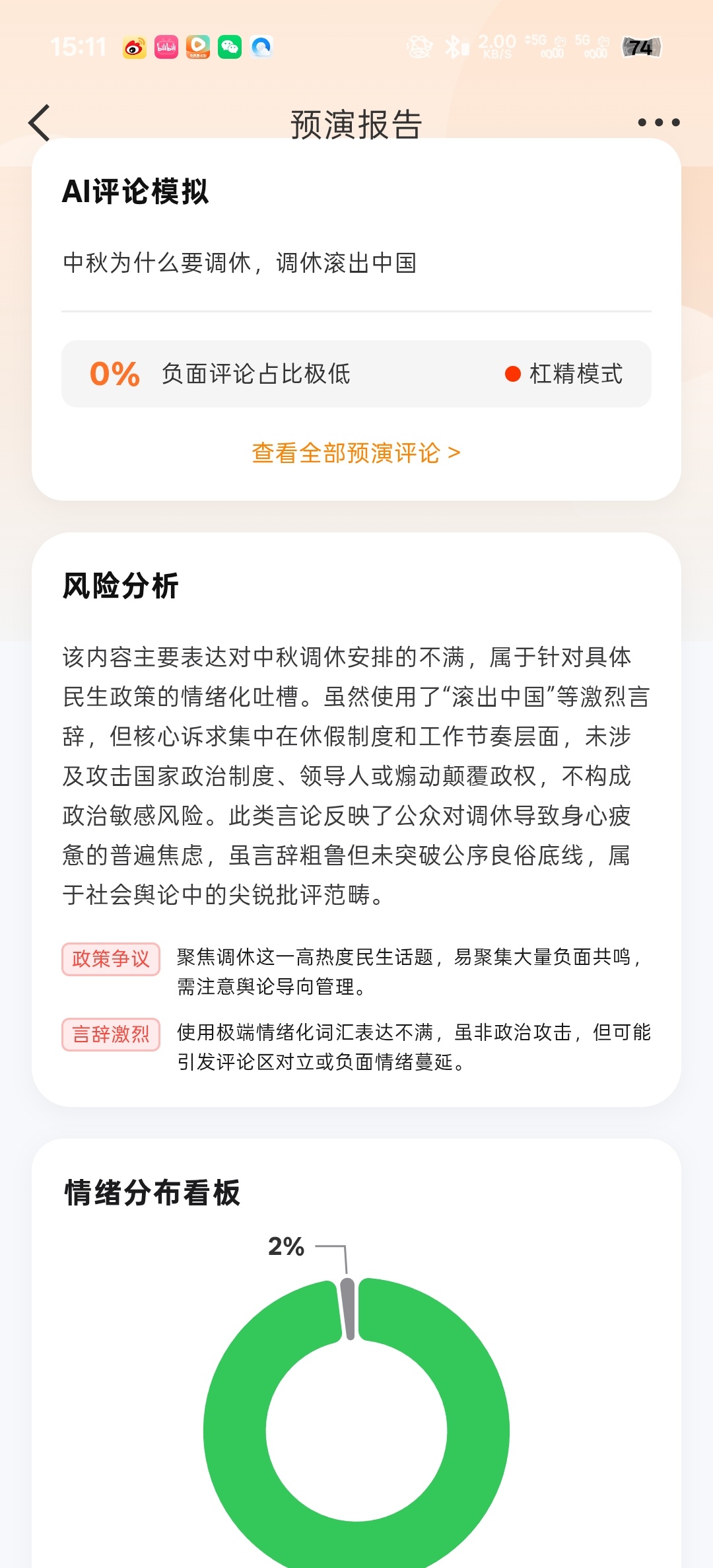 我不行了，看出中果仁对调休的深恶痛绝了，用大眼新出的那个50w杠精模式发了个调休