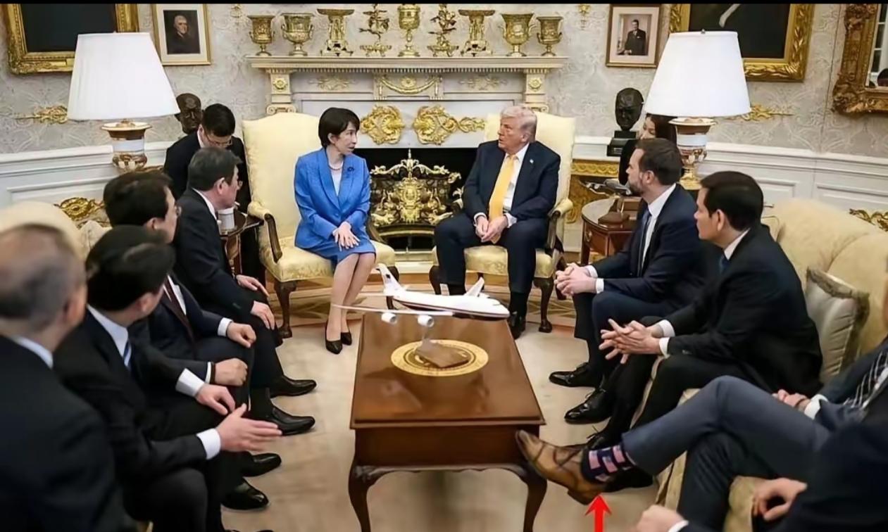 特朗普会见高市早苗，美国战争部部长赫格塞斯这条翘起的二郎腿最抢眼，国旗袜子和棕色