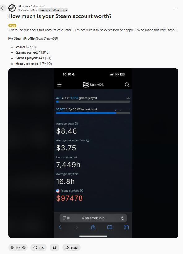 近日，一篇「SteamDB 计算 Steam 账号价格」的帖子，在 Reddit