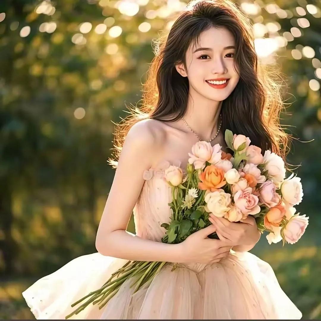 少女手捧花束，微笑如阳光般灿烂带花朵的少女 手拿花束 少女感花束 花束美拍 鲜花