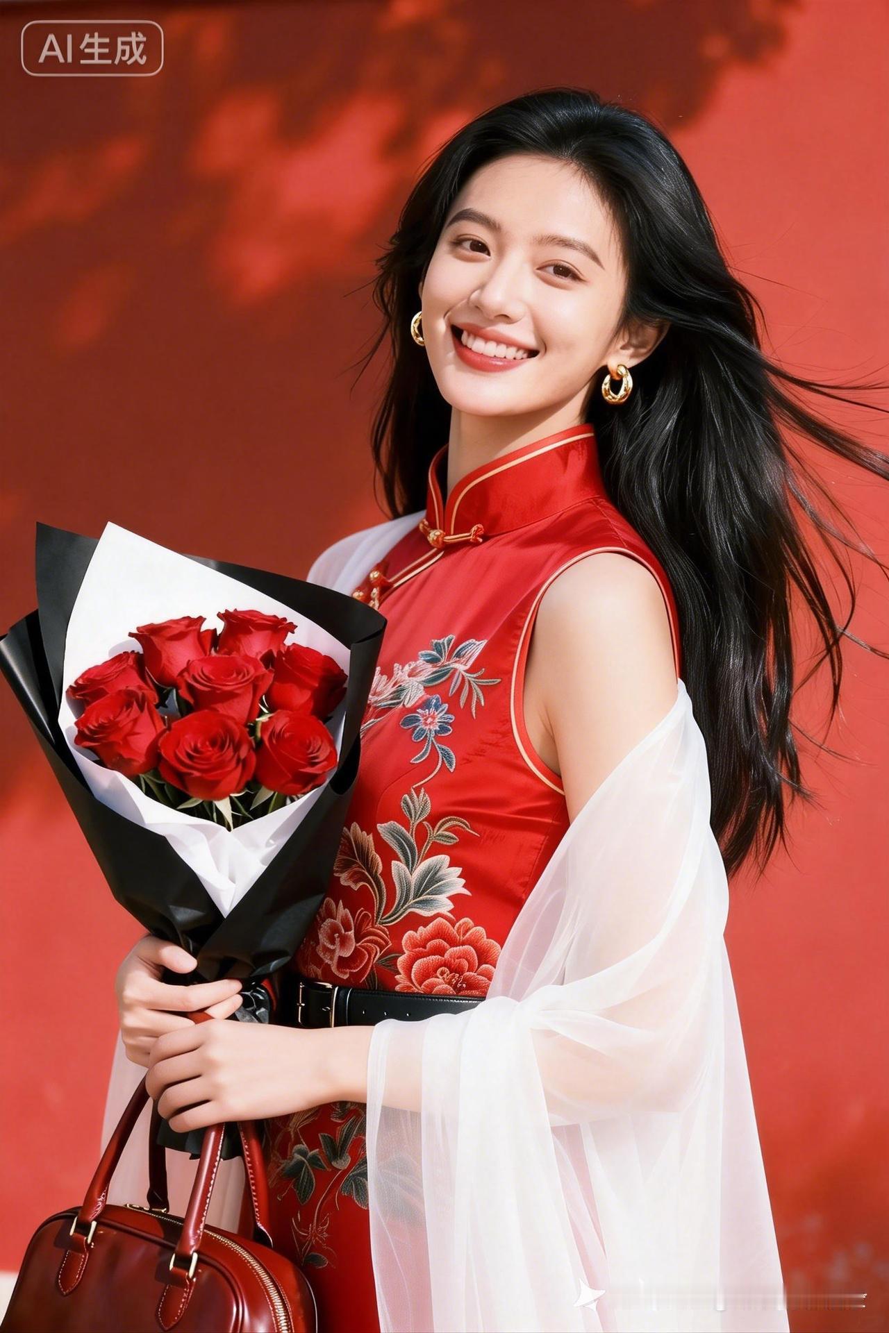 红衣美人手捧红玫瑰，幸福微笑！