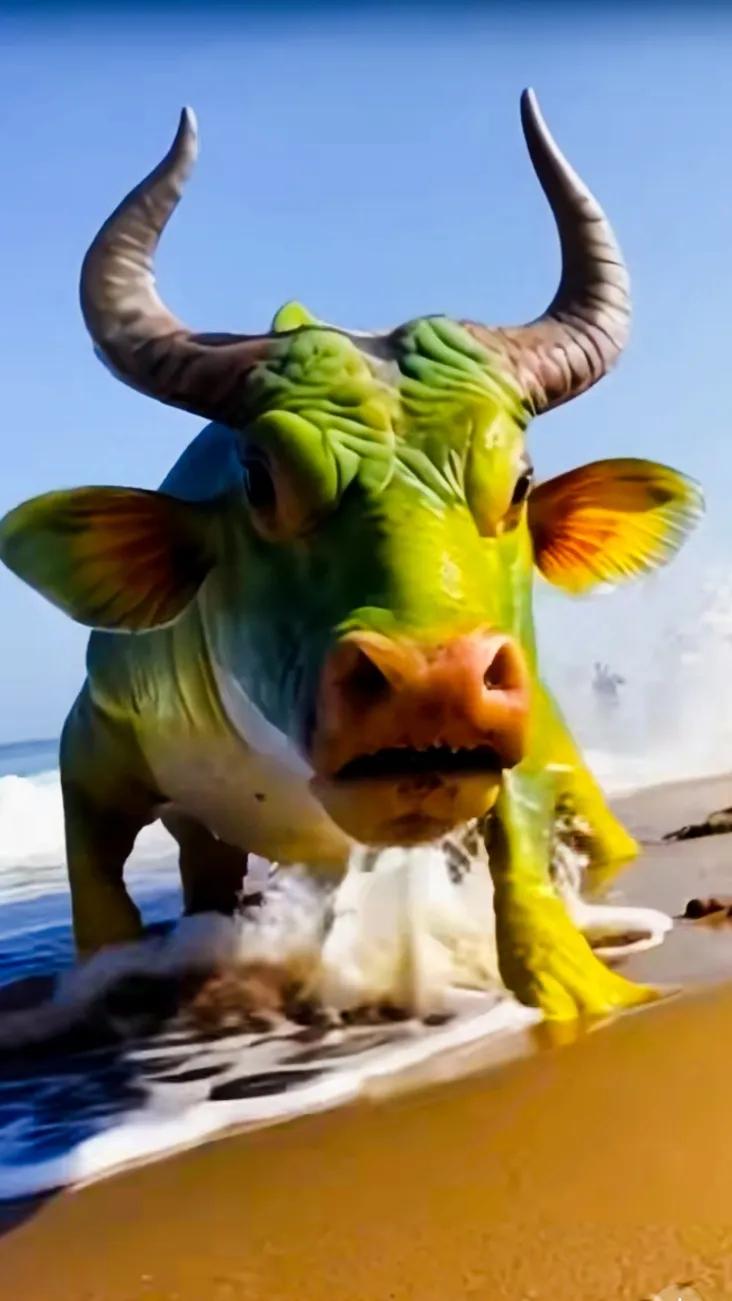 海滩上的卡通奶牛，色彩斑斓，超级可爱！🐄🏖️💖卡通造型超萌趣 我们的卡通世
