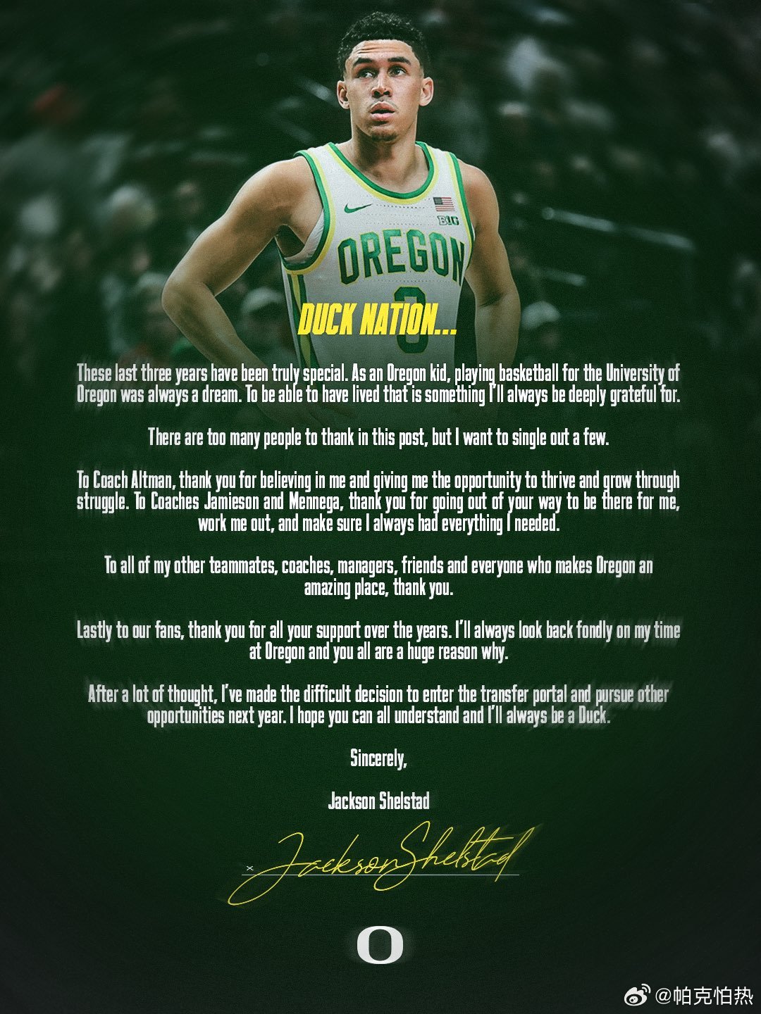 NCAA 俄勒冈大三后卫Jackson Shelstad宣布进入 ncaa转学市