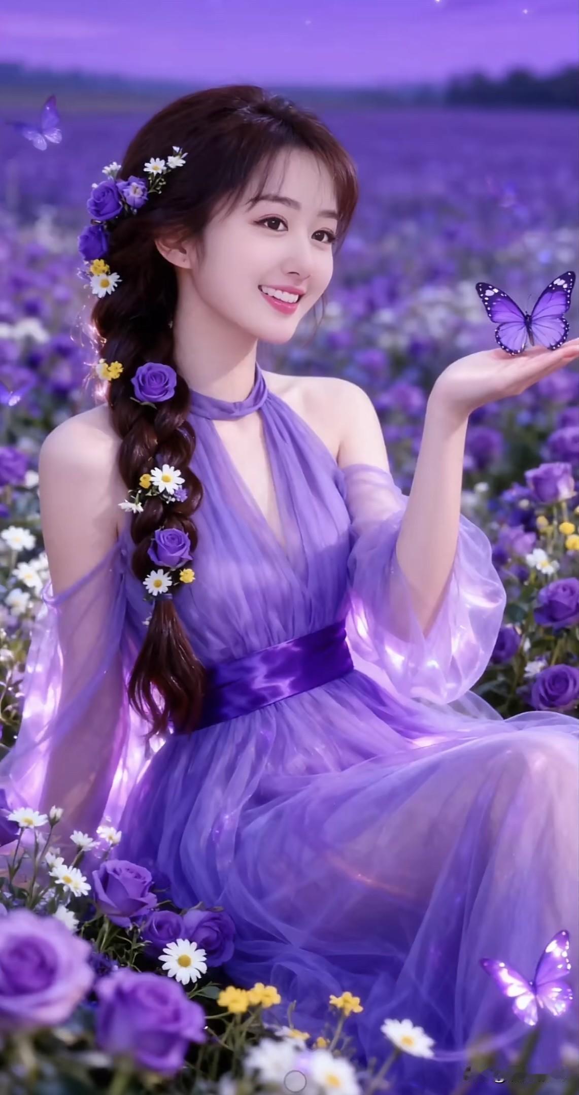 紫衣美人坐花间，蝴蝶翩翩舞芳菲。紫裙花影 紫裙倚坐 绿裙蝶舞仙境 紫衣佳人写真 