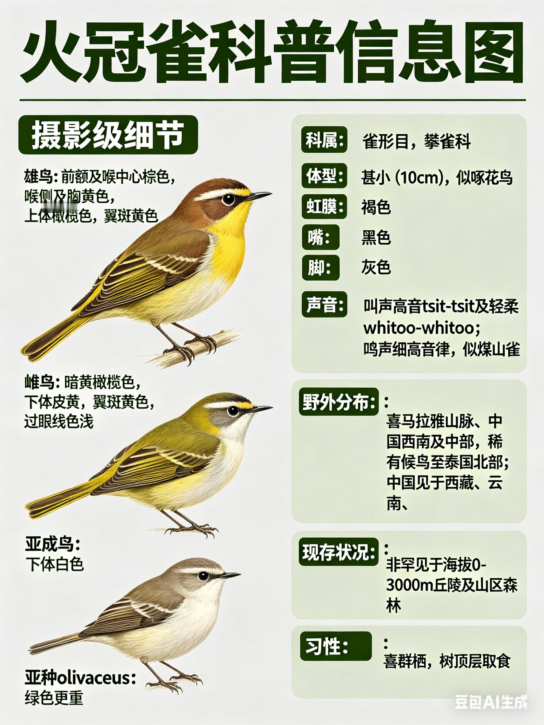 鸟类朋友图鉴 火冠雀·科属：雀形目，攀雀科。·外形特征：体型甚小（10cm）的山